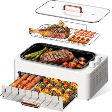 XHJ 4-in-1 Electric Indoor Grill Smokeless for Home,Countertop Electric Grill with Removable Sizzling Grill Pan & Grate + Auto Rotating
