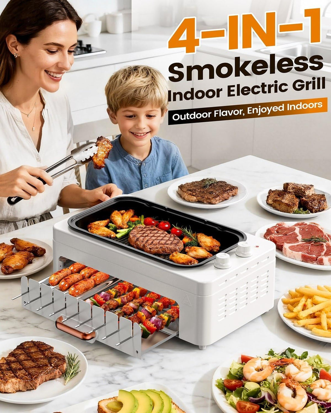 XHJ 4-in-1 Electric Indoor Grill Smokeless for Home,Countertop Electric Grill with Removable Sizzling Grill Pan & Grate + Auto Rotating