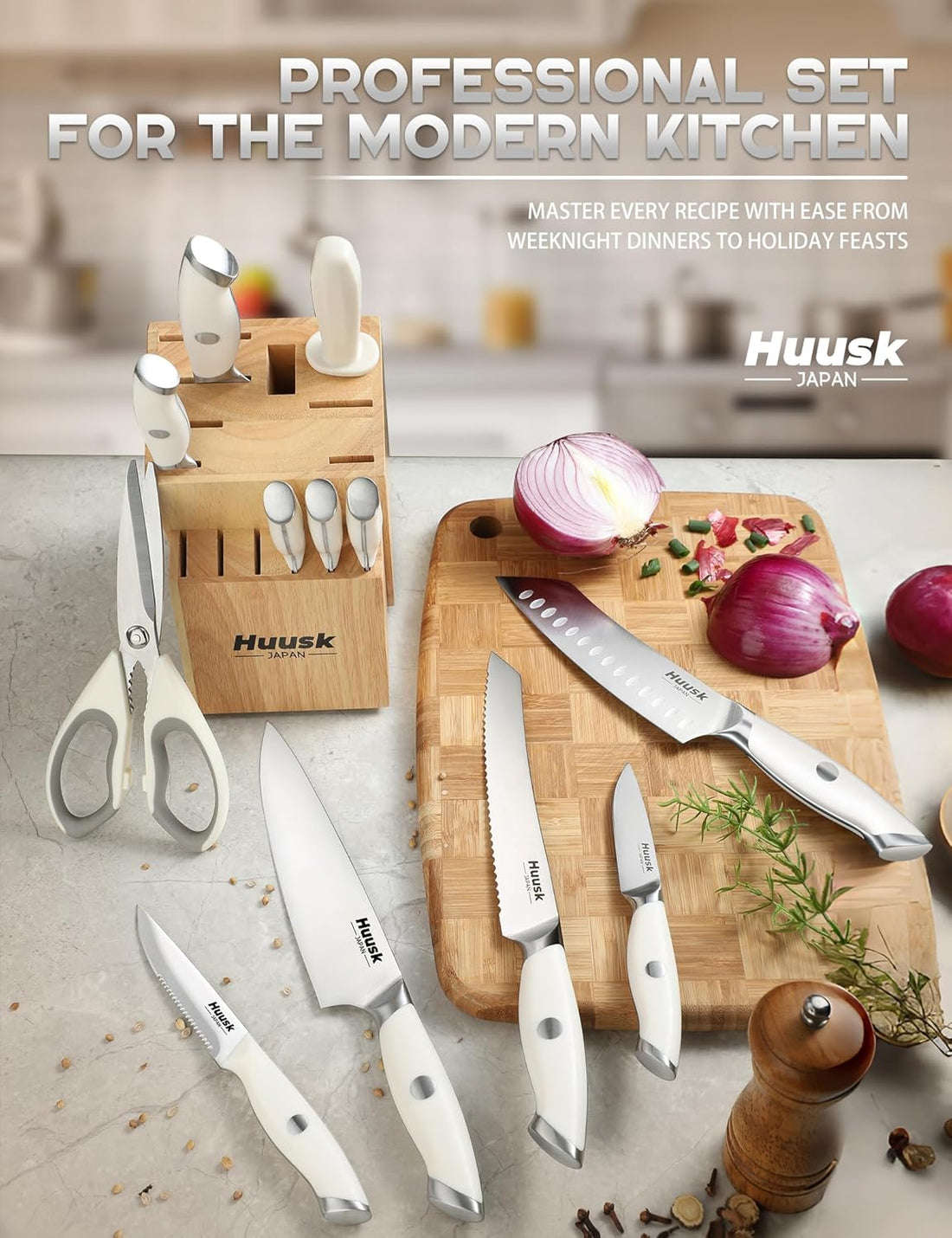 Huusk Knife Set with Block - 14 Pieces Premium Stainless Steel